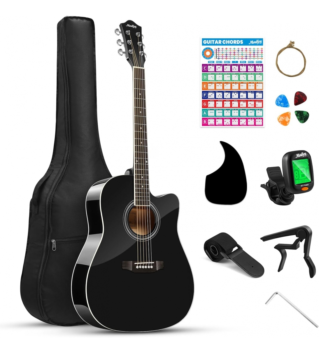 Chitarra Acustica 41 - 4/4 Guitarra Acustica with Chord Poster, Gig Bag, Tuner, Steel Strings, Capo, Strap, Black