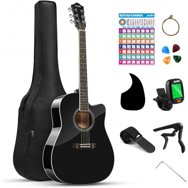Chitarra Acustica 41 - 4/4 Guitarra Acustica with Chord Poster, Gig Bag, Tuner, Steel Strings, Capo, Strap, Black