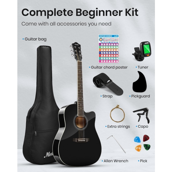 Chitarra Acustica 41 - 4/4 Guitarra Acustica with Chord Poster, Gig Bag, Tuner, Steel Strings, Capo, Strap, Black