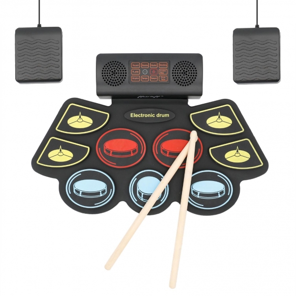 Pad Batteria Elettronica Stereo Portatile con 9 Pad e 2 Pedali (Ricaricabile)
