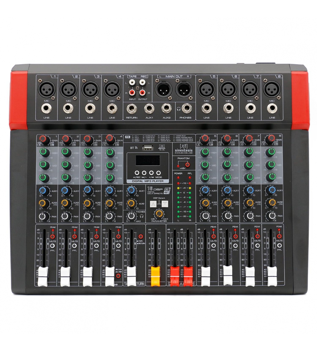 EVOMIX-08-USB Mixer/Scheda Audio 8 canali, multieffetto DSP, interfaccia USB, lettore Mp3, Bluetooth