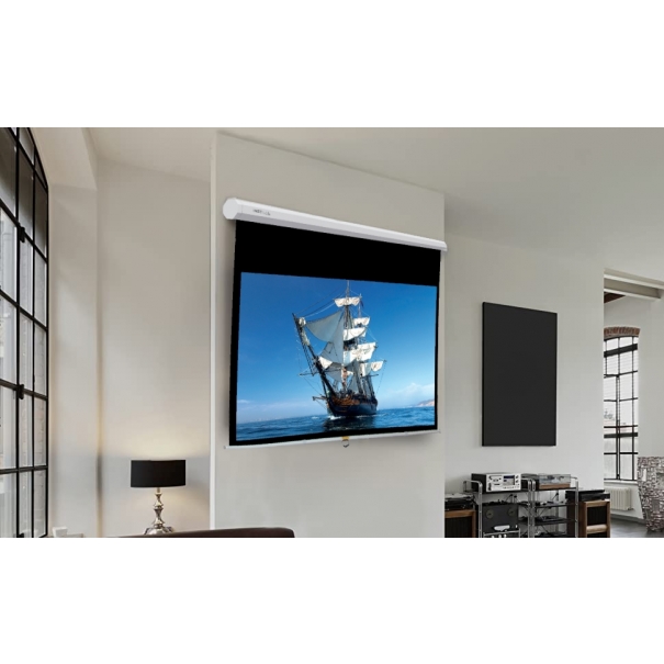 Schermo proiezione "Insman" con bordi manuale a molla, con telo "HD Canvas" bianco ottico con retro nero 240x135cm 108" 16:9