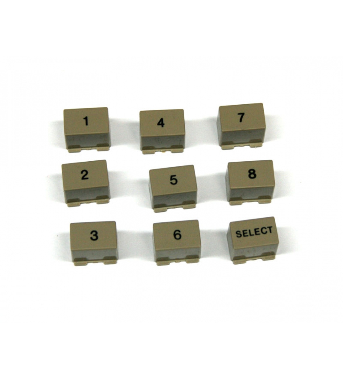 Set di nove pulsanti per il sintetizzatore Casio CZ-101, etichettati da 1 a 8 e Select