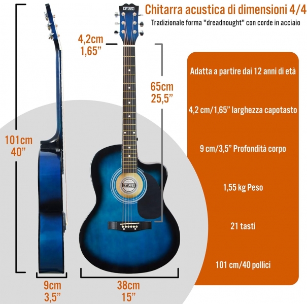 3rd Avenue Pacchetto con chitarra acustica cutaway 3rd Avenue di dimensioni standard 4/4 livello beginner, custodia da trasporto, tracolla, plettri e corde di riserva