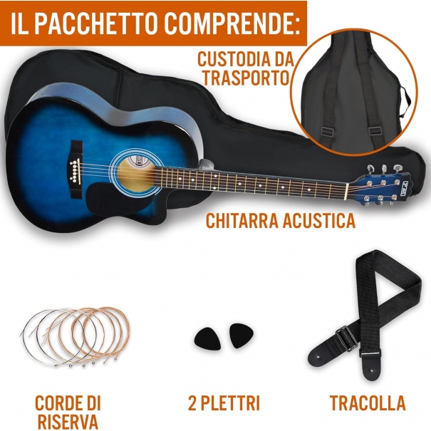 3rd Avenue Pacchetto con chitarra acustica cutaway 3rd Avenue di dimensioni standard 4/4 livello beginner, custodia da trasporto, tracolla, plettri e corde di riserva