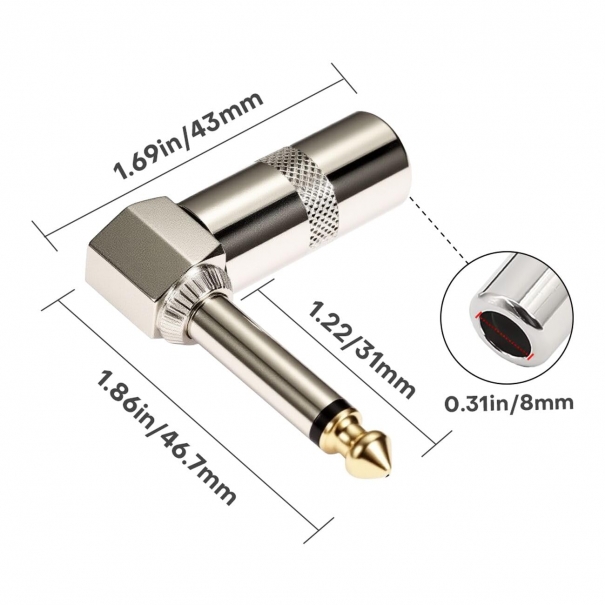 Spina audio ad angolo retto da 6,35 mm, resistente connettore jack TS mono maschio a saldatura per altoparlante/chitarra/microfono