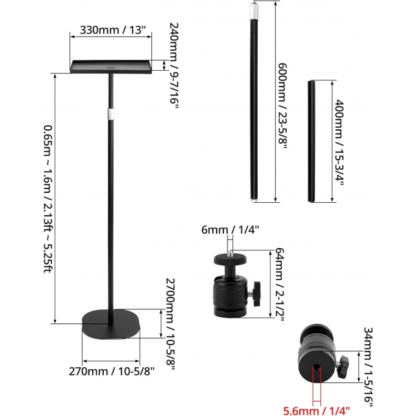 Supporto proiettore da terra con snodo sferico da 1/4'', Regolabile in altezza da 60 a 120 cm, Ideale per laptop, proiettori, fotocamere