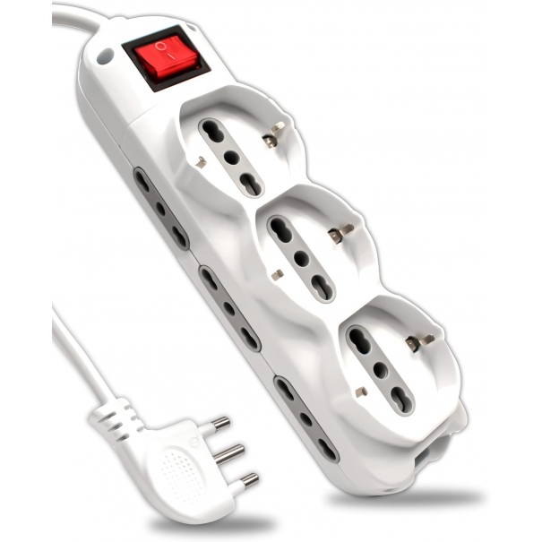 Ciabatta Multipresa Elettrica 9 Posti con Interruttore e Cavo 1,5mt - 6 Prese Laterali 10/16A Bipasso e 3 Frontali 10/16A Bipasso Shuko - Presa per Casa, Ufficio, Negozio - Spina 16A