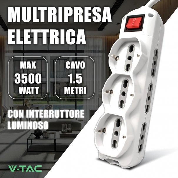 Ciabatta Multipresa Elettrica 9 Posti con Interruttore e Cavo 1,5mt - 6 Prese Laterali 10/16A Bipasso e 3 Frontali 10/16A Bipasso Shuko - Presa per Casa, Ufficio, Negozio - Spina 16A