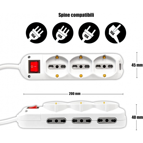 Ciabatta Multipresa Elettrica 9 Posti con Interruttore e Cavo 1,5mt - 6 Prese Laterali 10/16A Bipasso e 3 Frontali 10/16A Bipasso Shuko - Presa per Casa, Ufficio, Negozio - Spina 16A