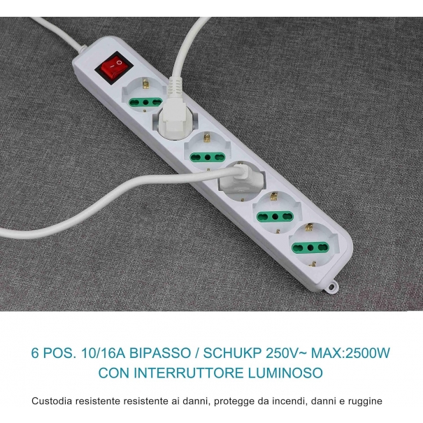 Multipresa Ciabatta Elettrica con 6 Prese Universali ITA 10/16A 