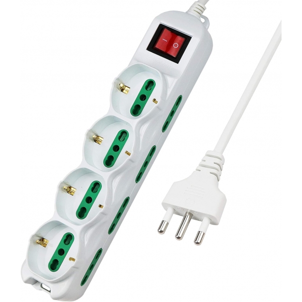 Multipresa 12 Posti 4 polivalenti 10/16A, Colore bianco, Cavo 1.5 m - Spina 16A