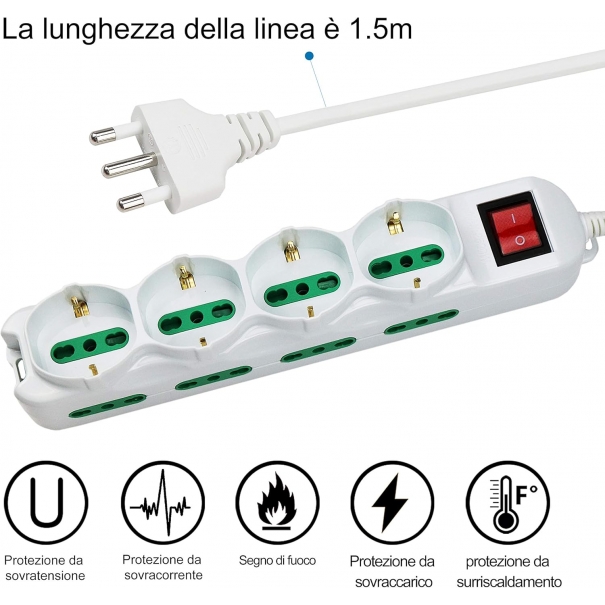 Multipresa 12 Posti 4 polivalenti 10/16A, Colore bianco, Cavo 1.5 m - Spina 16A