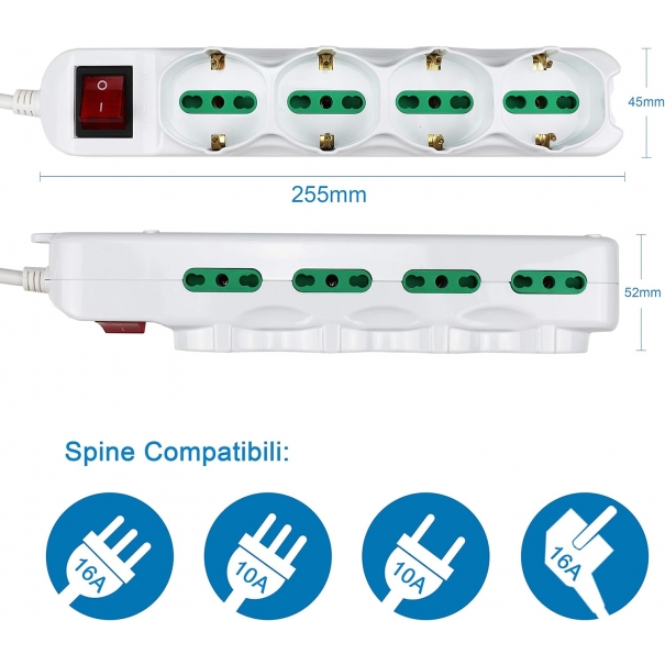 Multipresa 12 Posti 4 polivalenti 10/16A, Colore bianco, Cavo 1.5 m - Spina 16A