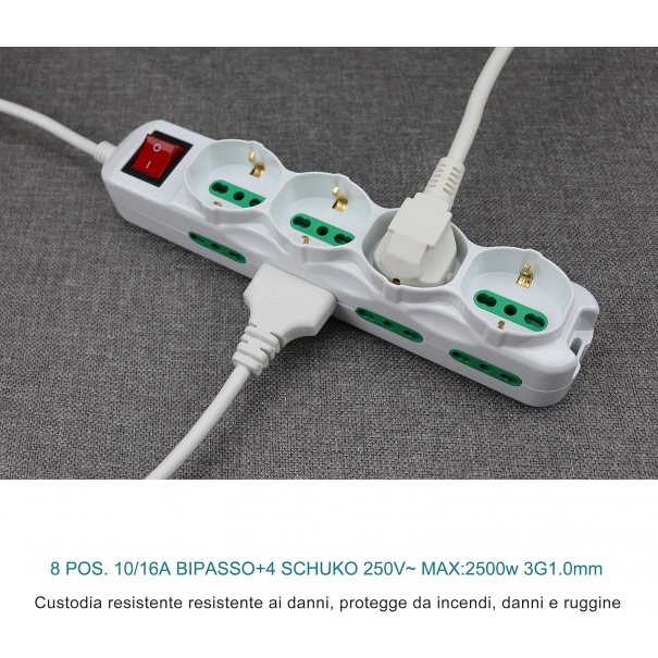 Multipresa 12 Posti 4 polivalenti 10/16A, Colore bianco, Cavo 1.5 m - Spina 16A