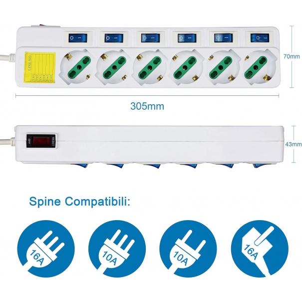 Multipresa ciabatta elettrica 6 Posti 10/16A Bipasso Schuko 250V Max:2500W