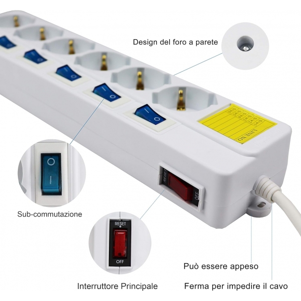 Multipresa ciabatta elettrica 6 Posti 10/16A Bipasso Schuko 250V Max:2500W