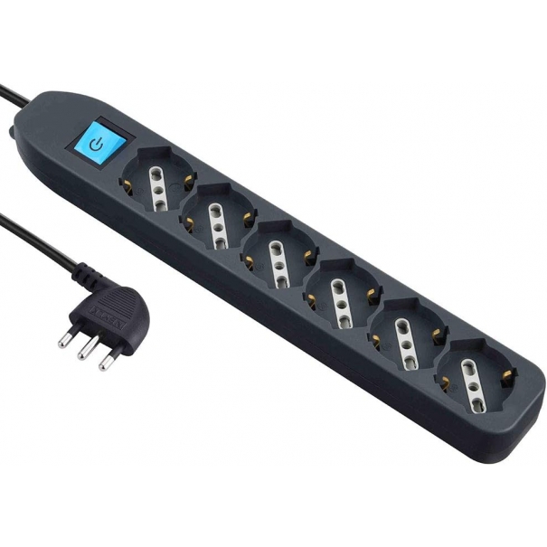 Multipresa 6 posti Polivalenti P40(Schuko + 10/16A) con Interruttore Cavo 1,5 m Nero