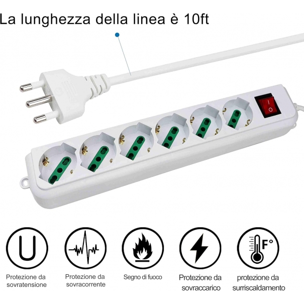 Multipresa Ciabatta Elettrica con 6 Prese Universali ITA 10/16A e Schuko