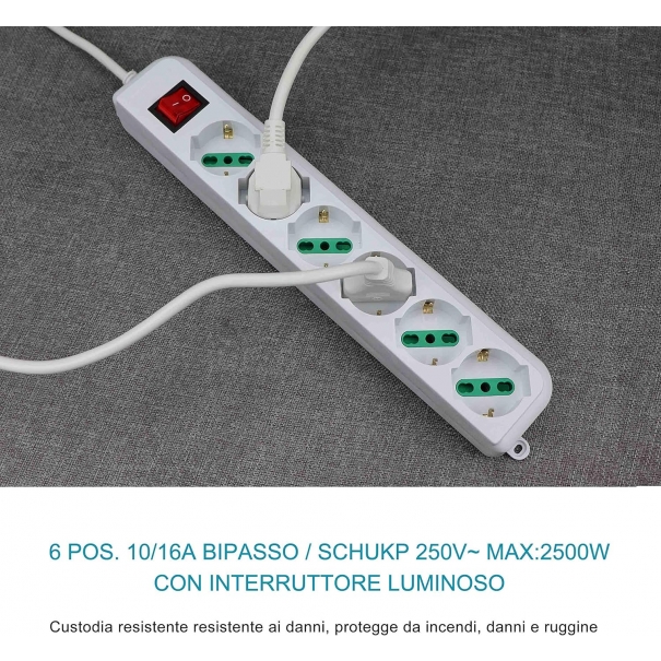 Multipresa Ciabatta Elettrica con 6 Prese Universali ITA 10/16A e Schuko
