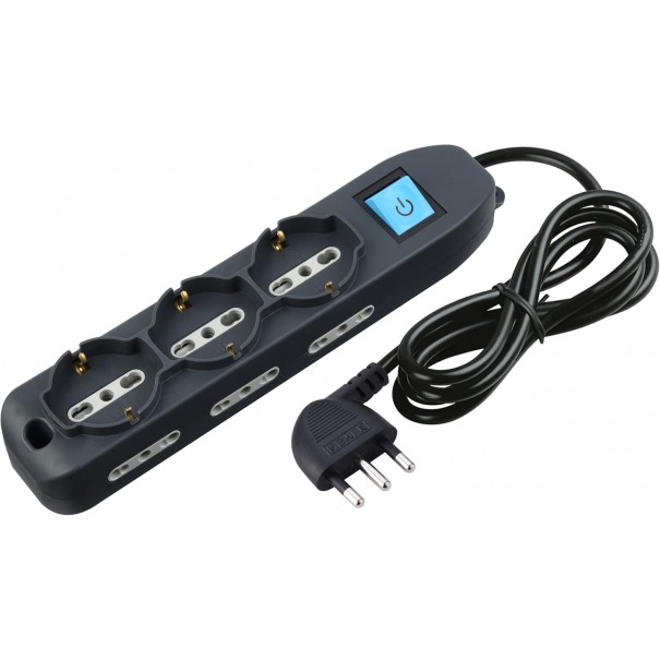 Multipresa 9 Posti 3 Polivalenti Schuko 10/16A + 6 Bivalenti 10/16A-Cavo, Nero, 1.5 m