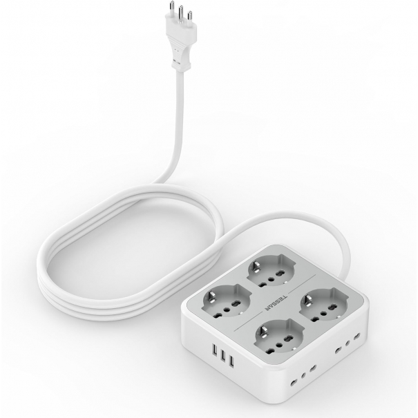 Ciabatta Multipresa con USB, Presa Multipla con 4 Schuko e 4 Bivalenti 10A/16A