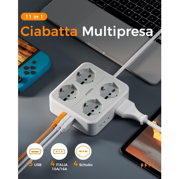 Ciabatta Multipresa con USB, Presa Multipla con 4 Schuko e 4 Bivalenti 10A/16A