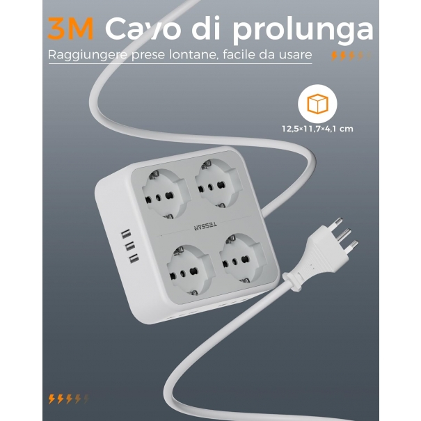 Ciabatta Multipresa con USB, Presa Multipla con 4 Schuko e 4 Bivalenti 10A/16A