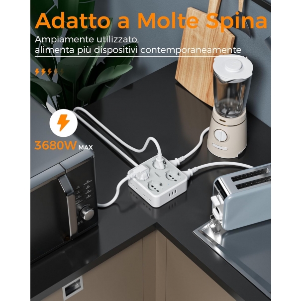 Ciabatta Multipresa con USB, Presa Multipla con 4 Schuko e 4 Bivalenti 10A/16A