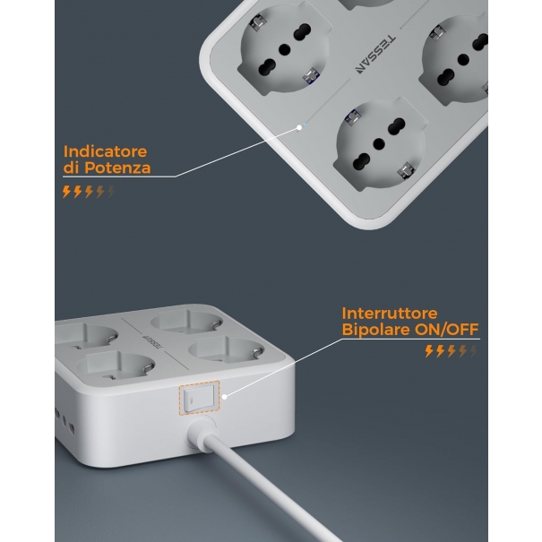 Ciabatta Multipresa con USB, Presa Multipla con 4 Schuko e 4 Bivalenti 10A/16A