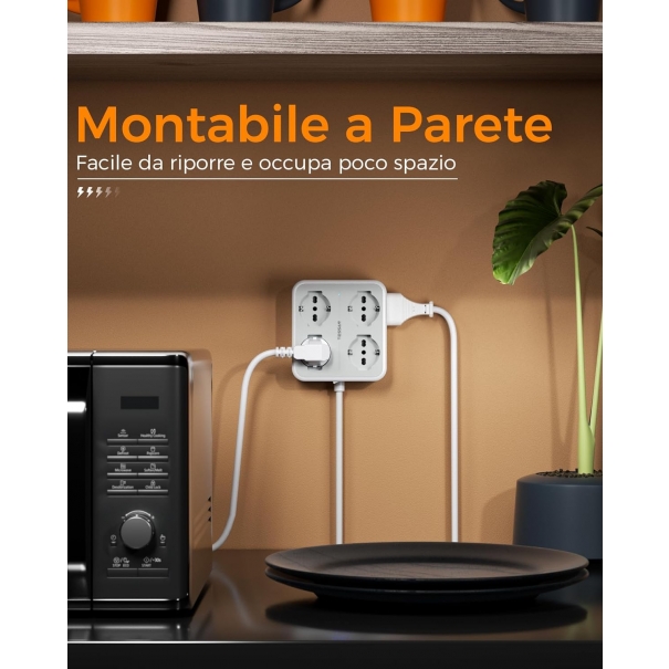 Ciabatta Multipresa con USB, Presa Multipla con 4 Schuko e 4 Bivalenti 10A/16A
