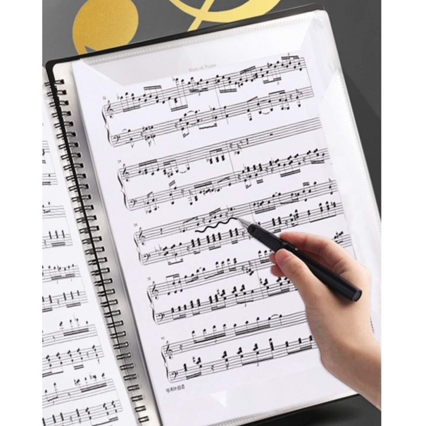 Cartella A4 con copertina nera rigida, per spartiti musicali, camicia a spirale singola10 tasche per spartiti musicali