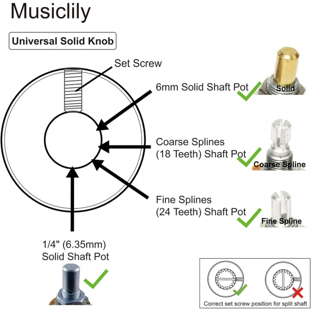 1/4" Manopole Flat Top Knobs in Acciaio Raccordo con Vite di Regolazione per Chitarra Elettrica e Basso, Nickel 