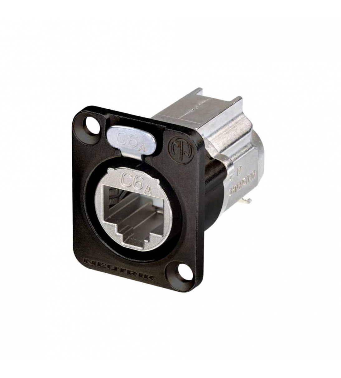 Connettore etherCON CAT6A da pannello con flangia tipo “D” con sistema di connessione a crimpare conforme alla norme ISO/IEC 11801 e TIA/EIA 568-C.2 [NE8FDXY6B]
