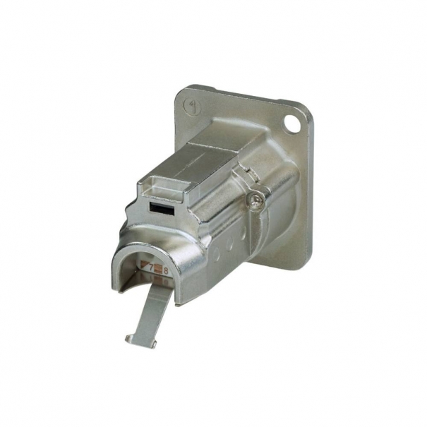 Connettore etherCON CAT6A da pannello con flangia tipo “D” con sistema di connessione a crimpare conforme alla norme ISO/IEC 11801 e TIA/EIA 568-C.2 NE8FDXY6