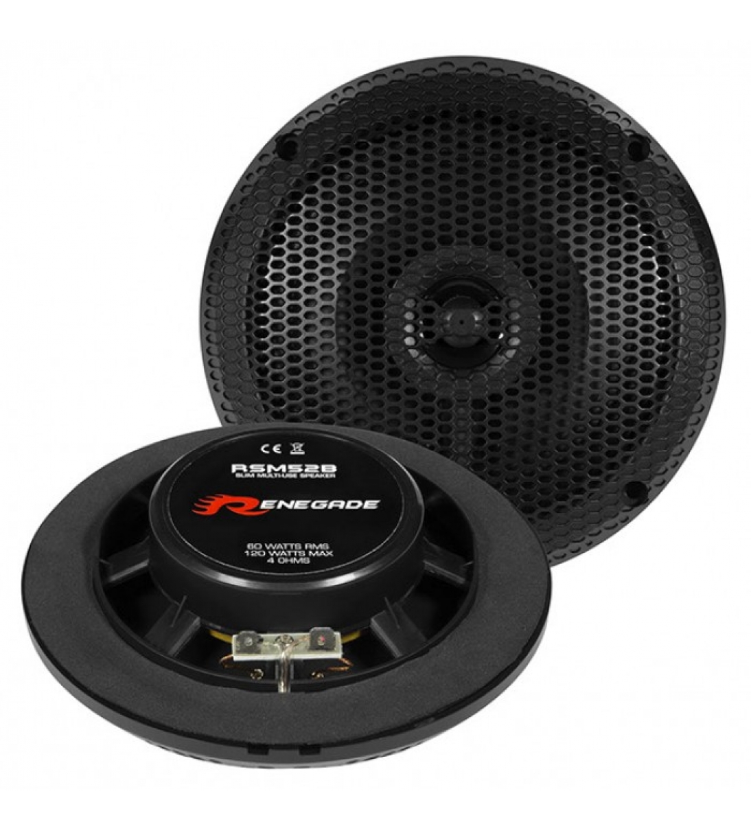 RENEGADE RSM-52B - coppia di altoparlanti coassiali 13 cm (5.25 ") a 2 vie, installabili a soffitto o parete in spazi aperti e su imbarcazioni. Finitura nera