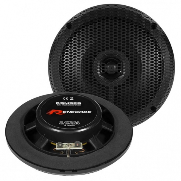 RENEGADE RSM-52B - coppia di altoparlanti coassiali 13 cm (5.25 ") a 2 vie, installabili a soffitto o parete in spazi aperti e su imbarcazioni. Finitura nera