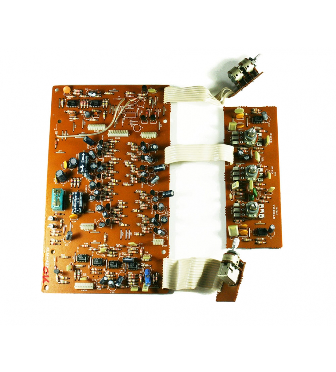 Pannello sinistro della tastiera Korg EPS-1. Contiene i potenziometri Volume, EQ e Presence, nonché la scheda elettronica KLM-428