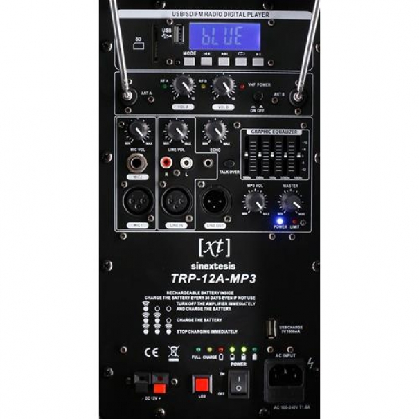 Diffusore Trolley 400W Ricaricabile Woofer da 12' con sistema LED, Display LCD, Player Mp3 (USB/SD), Radio FM, Caricatore USB, Telecomando, 2 Radiomicrofoni, Echo e TalkBack - TRP-12A-Mp3