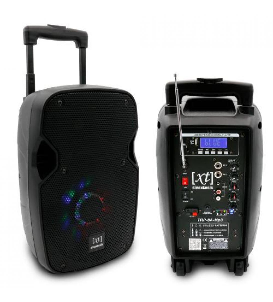 Diffusore Trolley 200W Ricaricabile Woofer da 08' con sistema LED, Display LCD, Player Mp3 (USB/SD), Radio FM, Caricatore USB, Telecomando, 1 Radiomicrofono, Echo - TRP-08A-Mp3