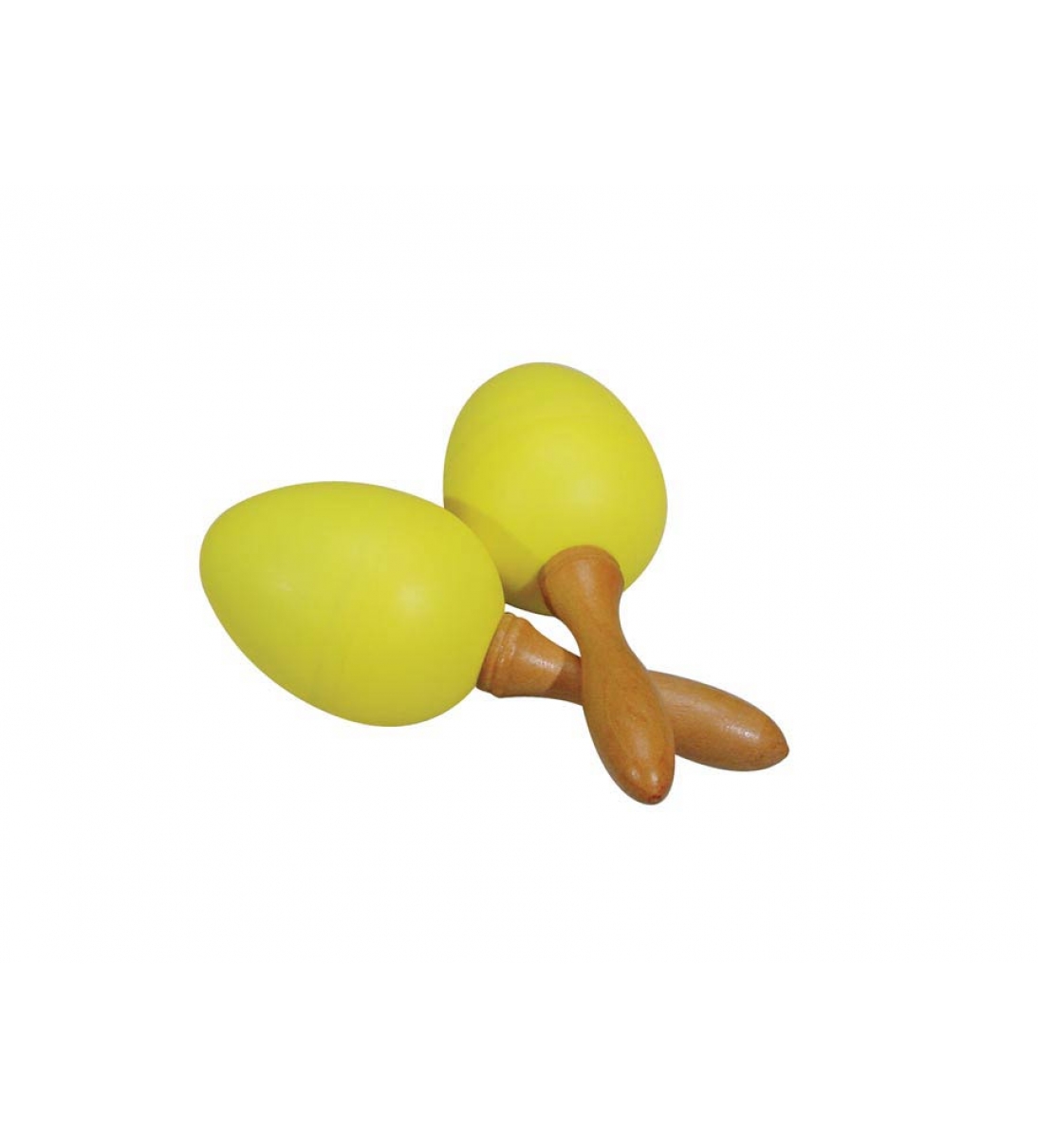 Uova maracas, in plastica, colore giallo, un paio, con manico, 45 grammi