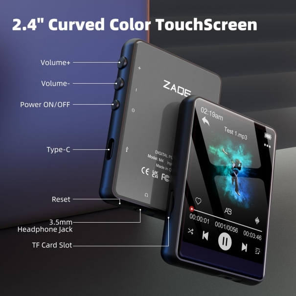 64GB Lettore MP3 Bluetooth 5.3 da con Touchscreen da 2,4 Pollici, Lettore MP3 Portatile con Altoparlanti, Capacità di Registrazione, Radio FM Espandibile fino a 128 G (Space Black) [B003AM172]