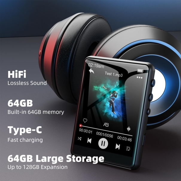 64GB Lettore MP3 Bluetooth 5.3 da con Touchscreen da 2,4 Pollici, Lettore MP3 Portatile con Altoparlanti, Capacità di Registrazione, Radio FM Espandibile fino a 128 G (Space Black) [B003AM172]