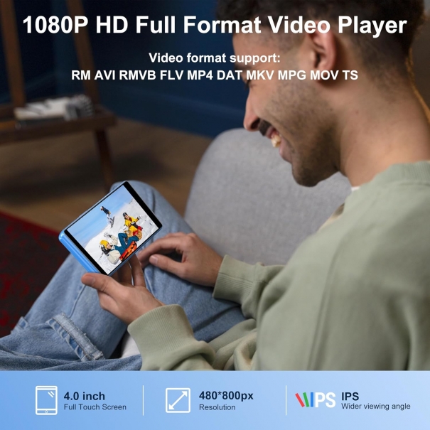 80GB Lettore MP3 Spotify, SWOFY Lettore MP3 con Bluetooth e WiFi, 4 Pollici Touchscreen Lettore MP4 Android con Amazon Music, Audible, Deezer, Lettore Musicale Bambini, Espandibile fino a 512GB (Blu)