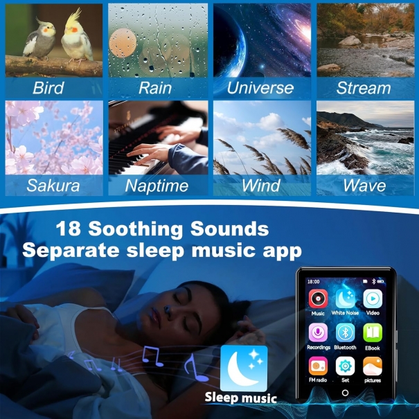 Lettore MP3 da 64 GB, Bluetooth 5.3, touchscreen da 2,8", musica HiFi portatile, lettore MP3 per bambini, con altoparlante, 18 suoni rilassanti, durata della batteria fino a 45 ore, radio FM, supporto [B003AM180]