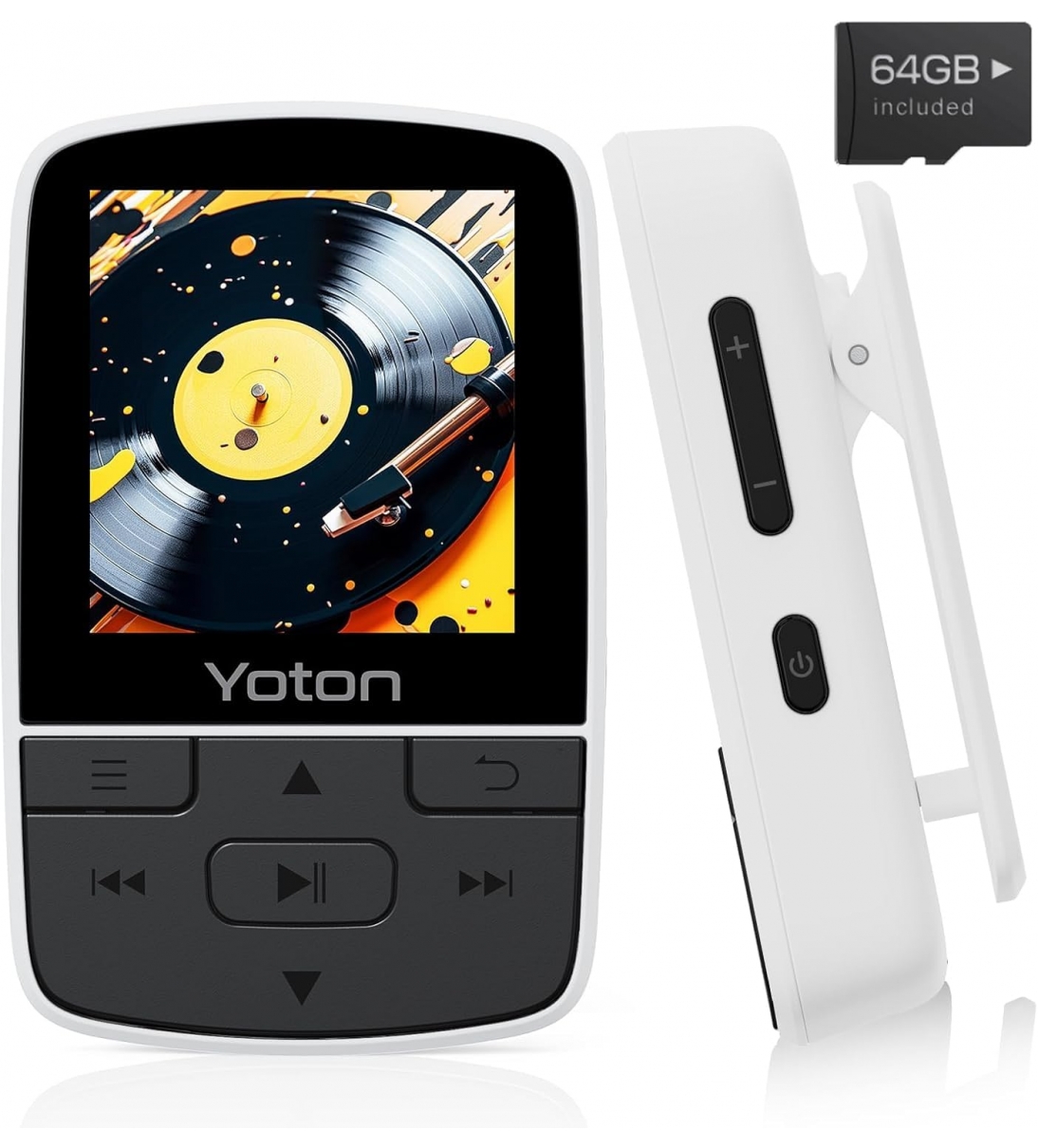 Lettore Musicale Bluetooth 64GB, Mini MP3 Sportivo Portatile con Clip, Suono HiFi Senza Perdita, Radio FM, Cronometro, Registratore, Contapassi, Ecc., con Auricolari, Bianco
