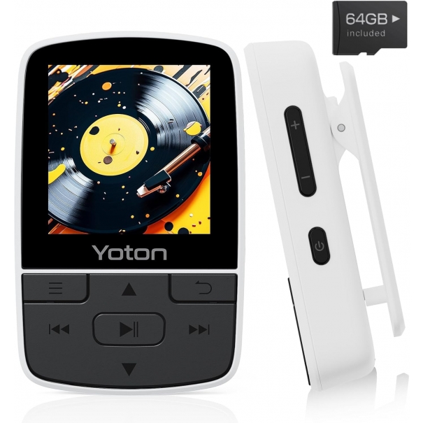 Lettore Musicale Bluetooth 64GB, Mini MP3 Sportivo Portatile con Clip, Suono HiFi Senza Perdita, Radio FM, Cronometro, Registratore, Contapassi, Ecc., con Auricolari, Bianco