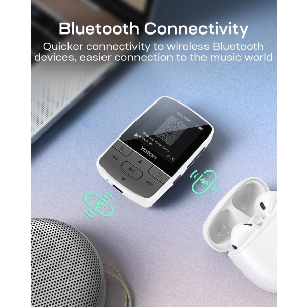 Lettore Musicale Bluetooth 64GB, Mini MP3 Sportivo Portatile con Clip, Suono HiFi Senza Perdita, Radio FM, Cronometro, Registratore, Contapassi, Ecc., con Auricolari, Bianco