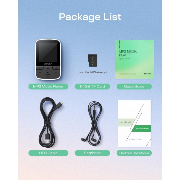 Lettore Musicale Bluetooth 64GB, Mini MP3 Sportivo Portatile con Clip, Suono HiFi Senza Perdita, Radio FM, Cronometro, Registratore, Contapassi, Ecc., con Auricolari, Bianco