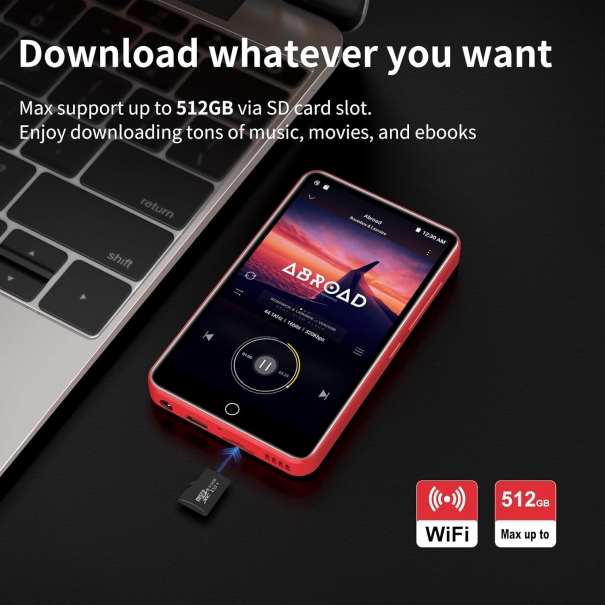 Lettore MP3 con Spotify, lettore MP3 ZAQE 80GB con Bluetooth e WLAN, lettore MP3 con Amazon music, audible, Deezer, touch screen da 4 pollici, lettore MP3, MP4 per bambini (Rosso)